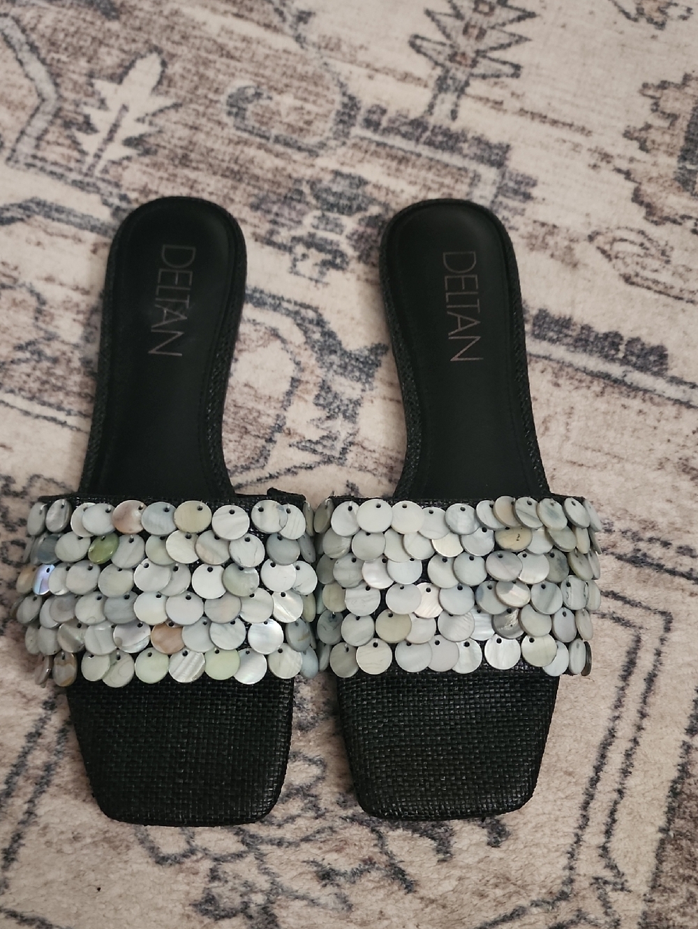 New Deltan Black Slide Sandals w/ Iridescent White Sequin Womens 9.5 Never Worn